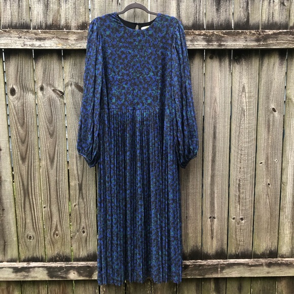 Boden Midi Dress Size 20 Blue Floral Watercolor Long Balloon Sleeve Pleated - Picture 4 of 16